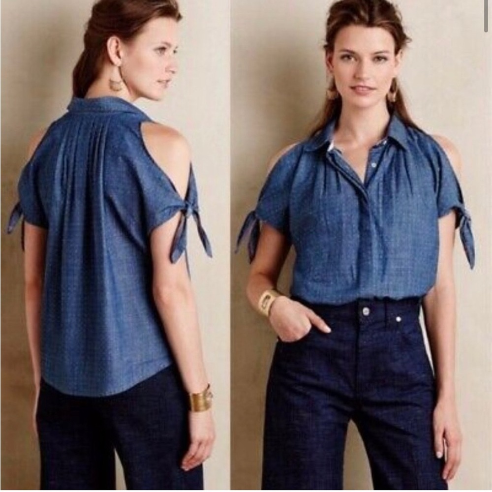 Holding Horses Anthropologie Blue Polka Dot Button Front Shirt Size 6